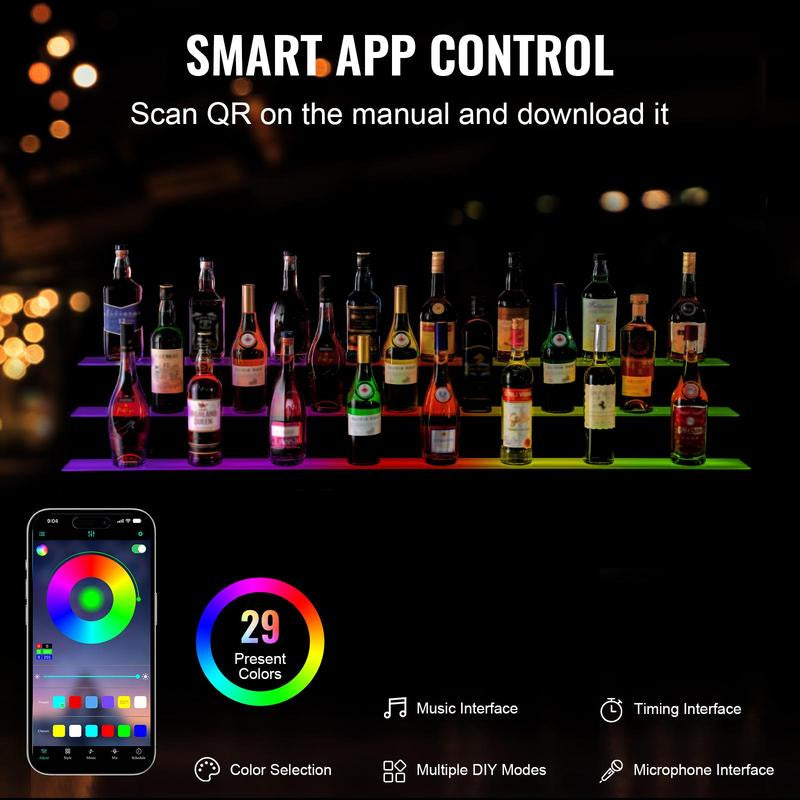 VEVOR LED Lighted Liquor Bottle Display, Tiktokshopblackfriday, 3 Tiers 60 Inch Commercial Illuminated Home Bar Shelf, 3 Steps Whiskey Rack Stand, Acrylic Drink Shelves with RF Remote & App Control, and Multicolor Lighting
