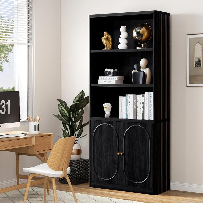 Giratree 70" Tall Bookshelf, 5 Tier Large Wood Bookcase with Doors, Modern Floor Standing Bookshelves and Bookcases, Open Display Shelves with Storage Cabinet for Living Room, Bedroom, Classroom, Office