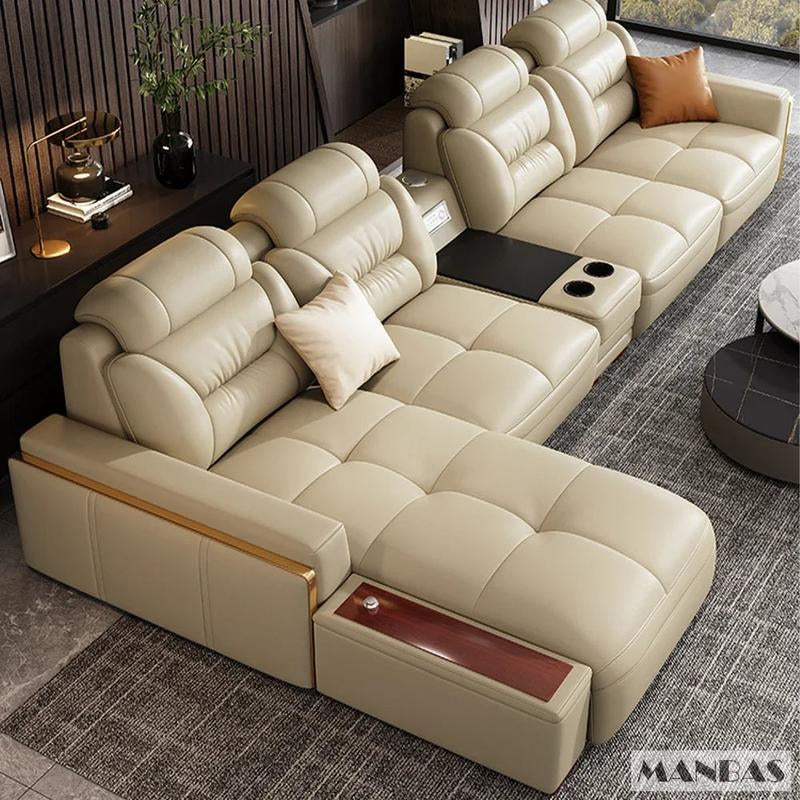 MANBAS Premium Italian Genuine Leather Sectional Sofa Set – Modern Living Room Couch with Adjustable Headrests, USB Charging Ports & Built-In Bluetooth Speaker