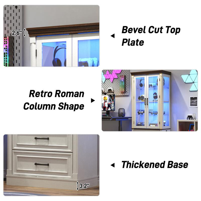 71" Tall Display Cabinet with Glass Doors, 4-Tier Lighted Curio Cabinets with 2 Storage Drawers and Metal Handle for Living Room, Home, Kitchen, White/Brown