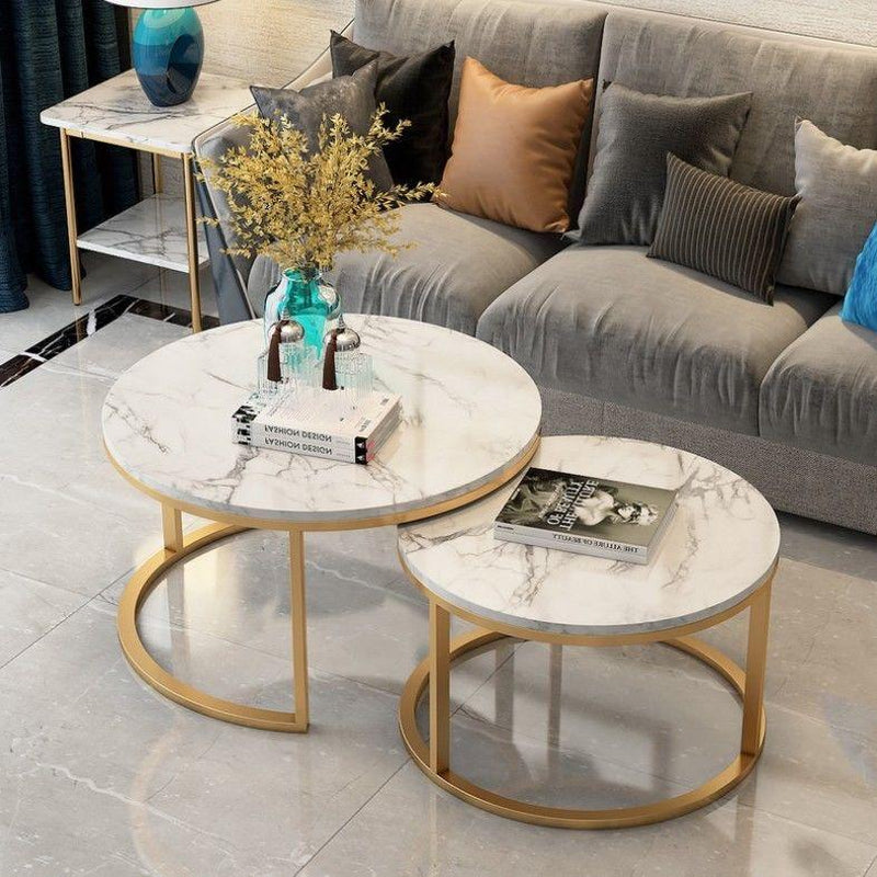 Holiday Special Nesting Coffee Tables Set of 2 Marble-Look round Tables Space-Saving Durable MDF & Metal Construction Easy Assembly for Living Room or Bedroom