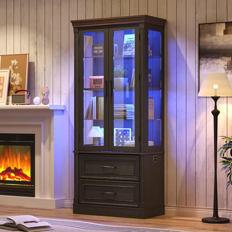 71" Tall Display Cabinet with Glass Doors, 4-Tier Lighted Curio Cabinets with 2 Storage Drawers and Metal Handle for Living Room, Home, Kitchen, White/Brown