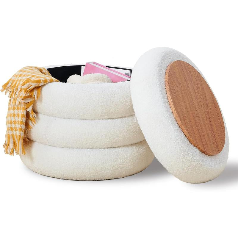 18In round Storage Ottoman, Modern Sherpa Footstool, Teddy Vanity Stool with Flip-Top Tray, Makeup Chair for Home Decor, Upholstered Footrest for Living Room & Bedroom