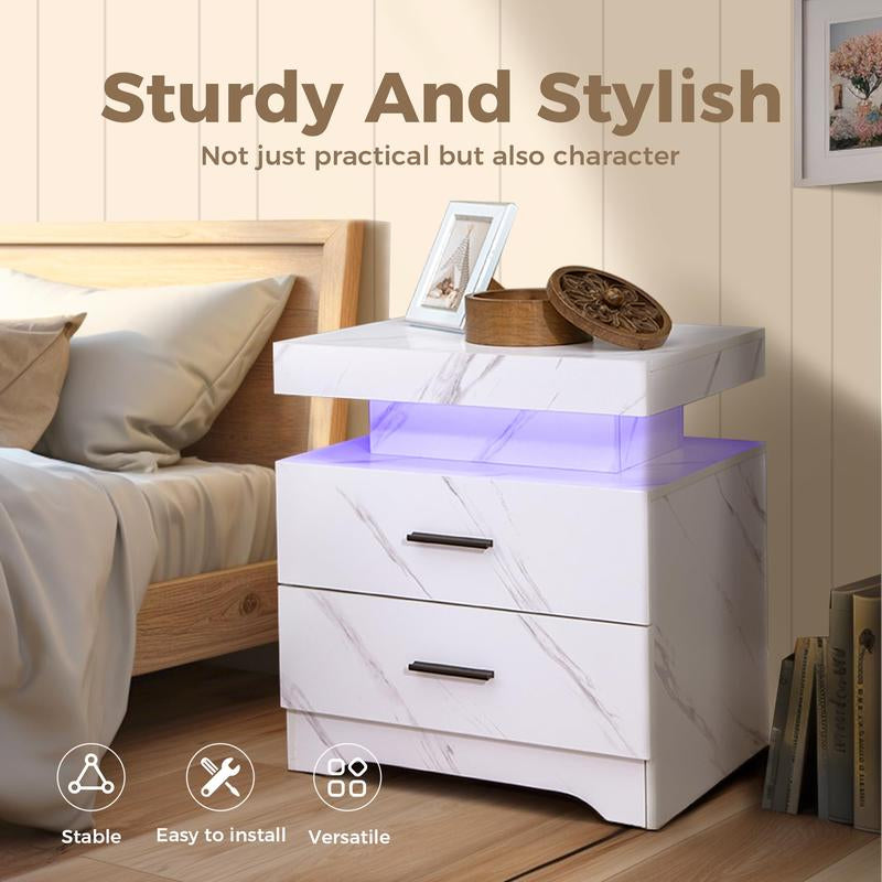 PHI VILLA LED Charging Station with 20 Color RGB Lights, Imitation Marble Texture, Remote Control, 2 Drawer Nightstands for Home Organization Luxury Bedroom Furniture Storage Cabinets