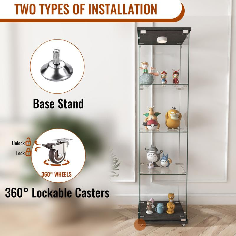 Modern Glass Display Cabinet with LED Lights, Quick-Assembly Antique Cabinet, Tempered Glass Bookshelf, Suitable for Living Room and Bedrooms, 1-Door 4-Shelf, Black