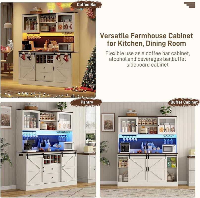 74" Farmhouse Kitchen Pantry Storage Cabinet with LED Light & Charging Station, 63" W Coffee Bar Cabinet Kitchen Cupboard with Hutch and Sliding Barn Doors, Pegboard