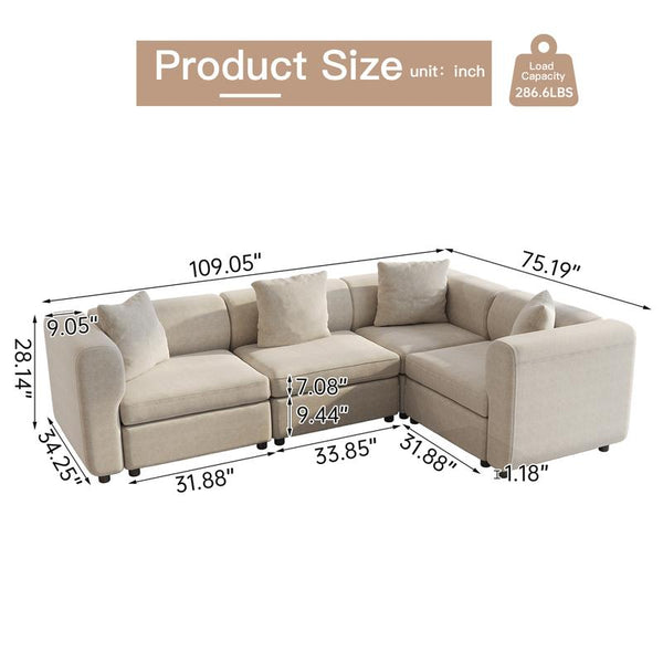 Guyii Modern L-Shaped Velvet Sectional Sofa - 4/5/6/7/8/9 Piece Oversized Seater with 4-7 Pillows, Convertible with Cushions, Stylish Modular Couch for Living Room & Apartment
