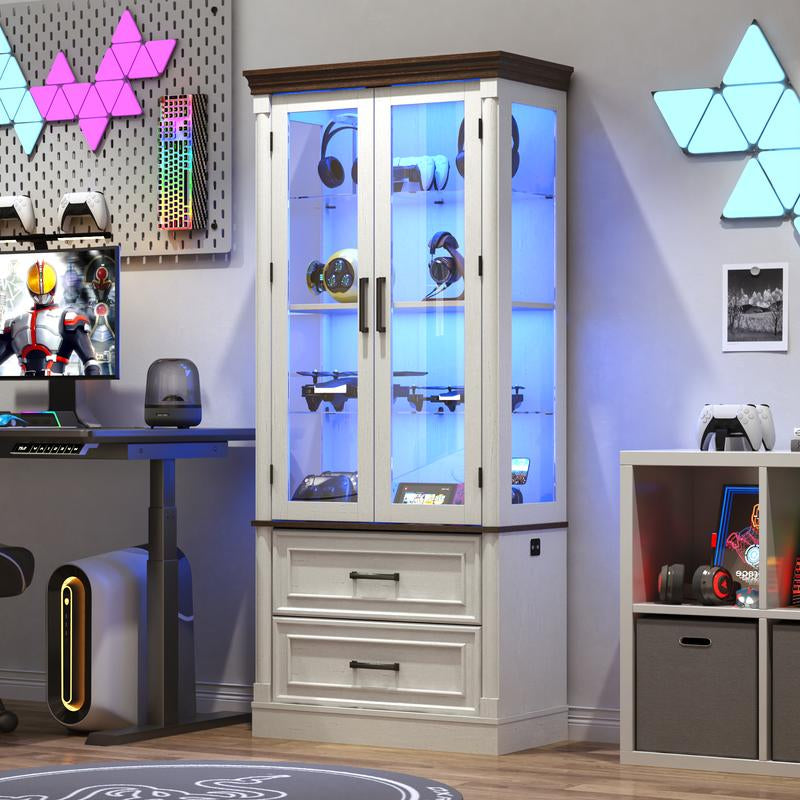 71" Tall Display Cabinet with Glass Doors, 4-Tier Lighted Curio Cabinets with 2 Storage Drawers and Metal Handle for Living Room, Home, Kitchen, White/Brown