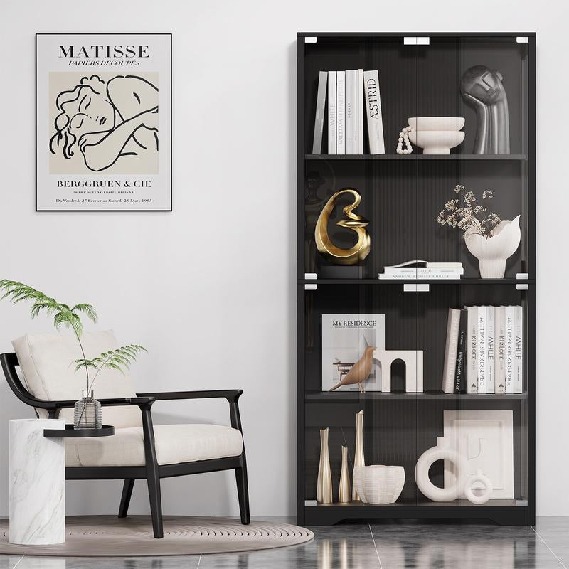 Brottar Display Cabinet with Glass Doors, Storage Cabinet with 3 Color Light, 4-Tier Curio Cabinet&Bookcase for Collectibles, Toys, Books, for Playroom, Bedroom, Study Room, Black