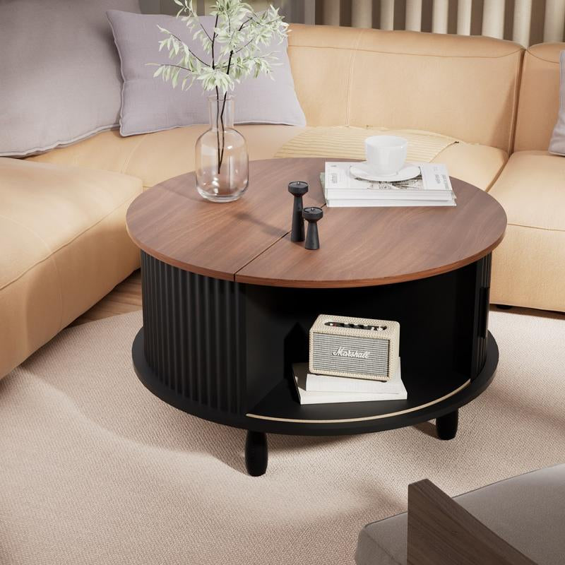 Honey Furniture Farmhouse Coffee Table with Storage,37In Wood round Center Table with Sliding Cabinet Door, for Home or Office,Brown