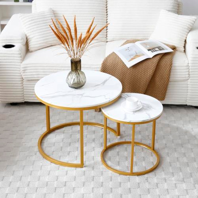 Holiday Special Nesting Coffee Tables Set of 2 Marble-Look round Tables Space-Saving Durable MDF & Metal Construction Easy Assembly for Living Room or Bedroom