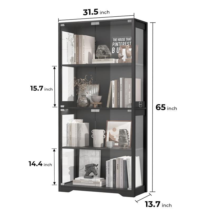 Brottar Display Cabinet with Glass Doors, Storage Cabinet with 3 Color Light, 4-Tier Curio Cabinet&Bookcase for Collectibles, Toys, Books, for Playroom, Bedroom, Study Room, Black