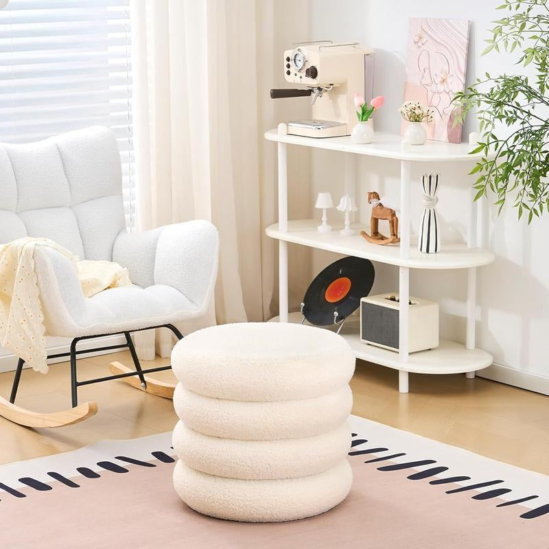 18In round Storage Ottoman, Modern Sherpa Footstool, Teddy Vanity Stool with Flip-Top Tray, Makeup Chair for Home Decor, Upholstered Footrest for Living Room & Bedroom