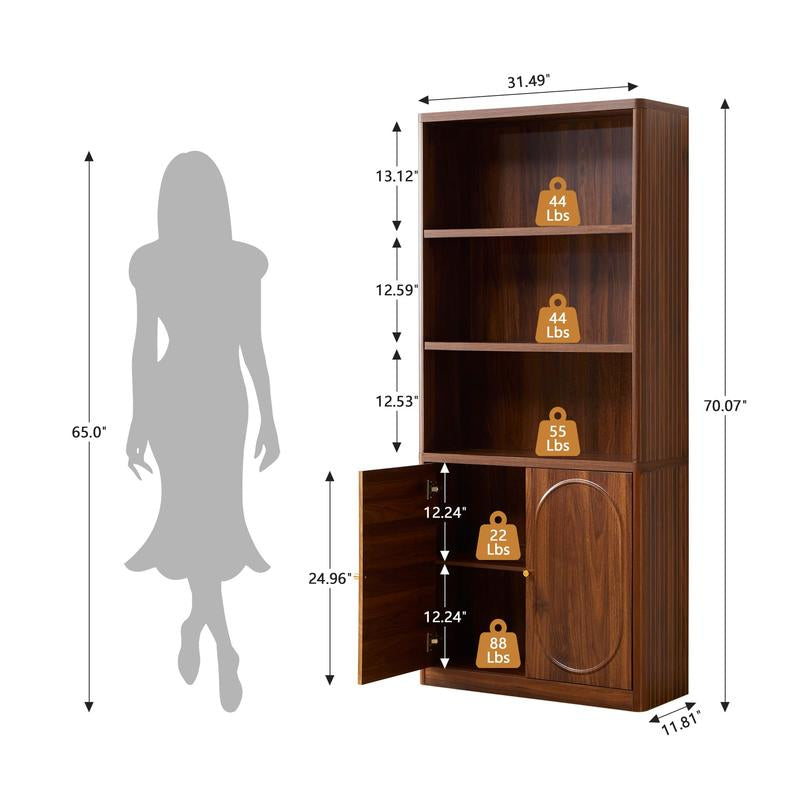 Giratree 70" Tall Bookshelf, 5 Tier Large Wood Bookcase with Doors, Modern Floor Standing Bookshelves and Bookcases, Open Display Shelves with Storage Cabinet for Living Room, Bedroom, Classroom, Office