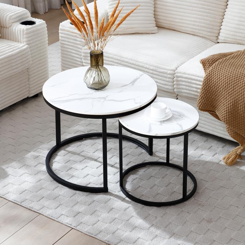 Holiday Special Nesting Coffee Tables Set of 2 Marble-Look round Tables Space-Saving Durable MDF & Metal Construction Easy Assembly for Living Room or Bedroom