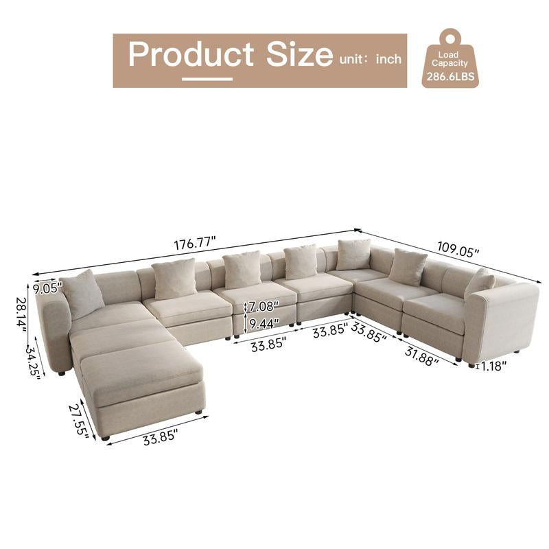 Guyii Modern L-Shaped Velvet Sectional Sofa - 4/5/6/7/8/9 Piece Oversized Seater with 4-7 Pillows, Convertible with Cushions, Stylish Modular Couch for Living Room & Apartment