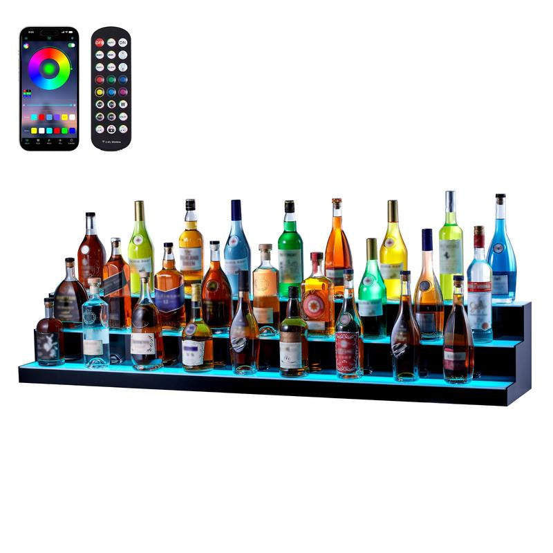 VEVOR LED Lighted Liquor Bottle Display, Tiktokshopblackfriday, 3 Tiers 60 Inch Commercial Illuminated Home Bar Shelf, 3 Steps Whiskey Rack Stand, Acrylic Drink Shelves with RF Remote & App Control, and Multicolor Lighting