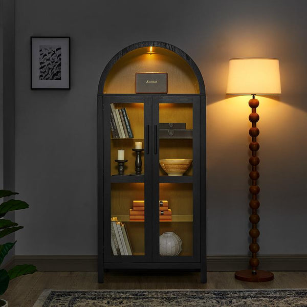 Niccae a High Arched Storage Cabinet with a Lamp, a Modern Retro-Style Wooden Storage Cabinet with Adjustable Glass Partitions, Suitable for Use as a Multi-Functional Cabinet in Kitchens-Black