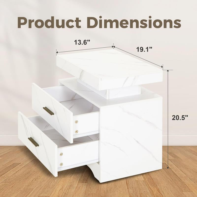 PHI VILLA LED Charging Station with 20 Color RGB Lights, Imitation Marble Texture, Remote Control, 2 Drawer Nightstands for Home Organization Luxury Bedroom Furniture Storage Cabinets