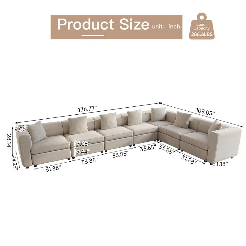 Guyii Modern L-Shaped Velvet Sectional Sofa - 4/5/6/7/8/9 Piece Oversized Seater with 4-7 Pillows, Convertible with Cushions, Stylish Modular Couch for Living Room & Apartment
