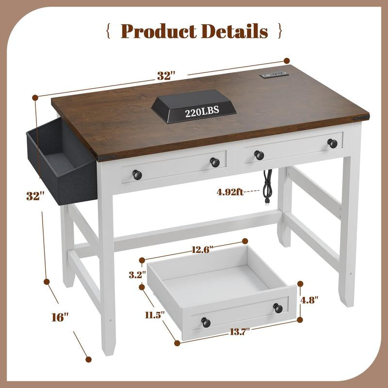 Raybeefurniture Wood Computer Desk, Small Desk with Power Outlet, Home Office Desks, Study Desks with Storage Bag for Bedroom,Home Office Gaming