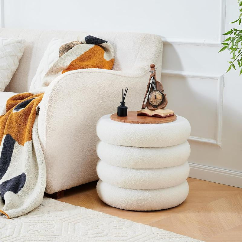 18In round Storage Ottoman, Modern Sherpa Footstool, Teddy Vanity Stool with Flip-Top Tray, Makeup Chair for Home Decor, Upholstered Footrest for Living Room & Bedroom