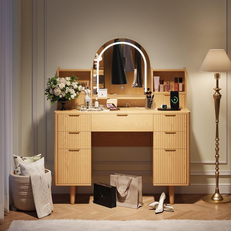 TOKSOM Makeup Vanity Desk with Mirror and Lights Natural Wood Color Black Vanity Table with Glass Top Power Outlet Stool,Makeup Desk with 7 Drawers and 2 Storage Shelves,Dressing Table for Bedroom Women