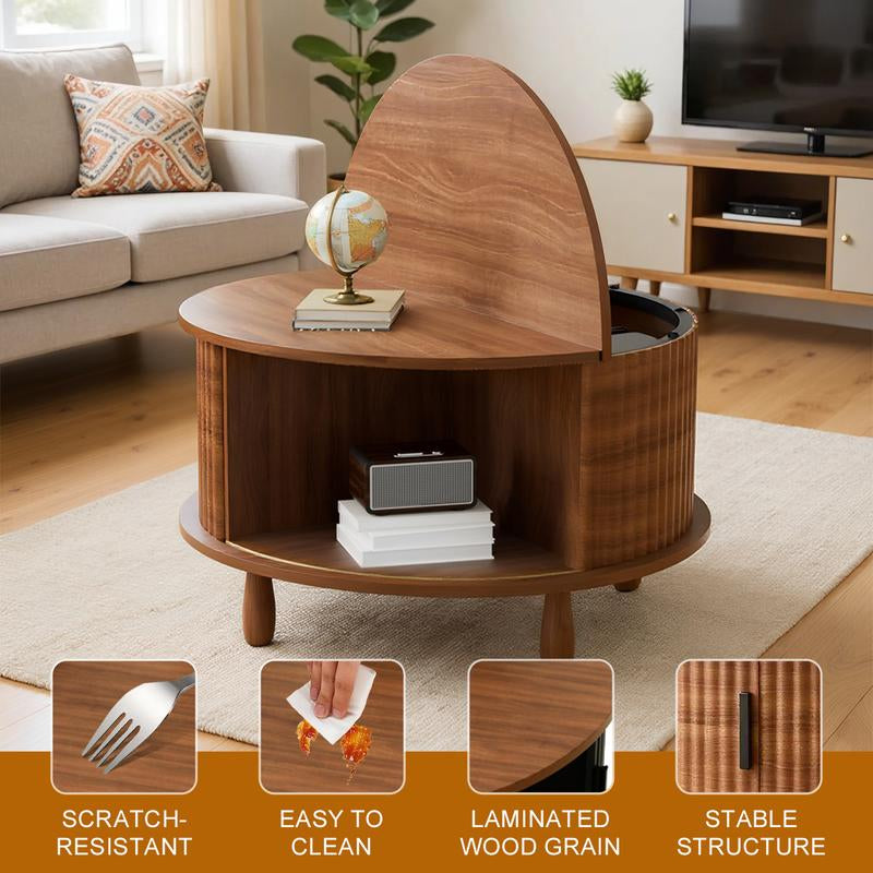 Honey Furniture Farmhouse Coffee Table with Storage,37In Wood round Center Table with Sliding Cabinet Door, for Home or Office,Brown
