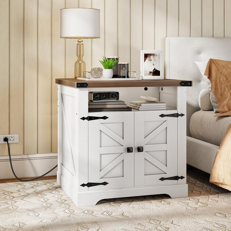 HOOBRO Farmhouse End Table with Charging Station, 23.6" Large End Tables for Living Room, Sofa Side Table with Barn Door, Wooden Square Nightstand Bedside Table, Flip Top, White and Walnut