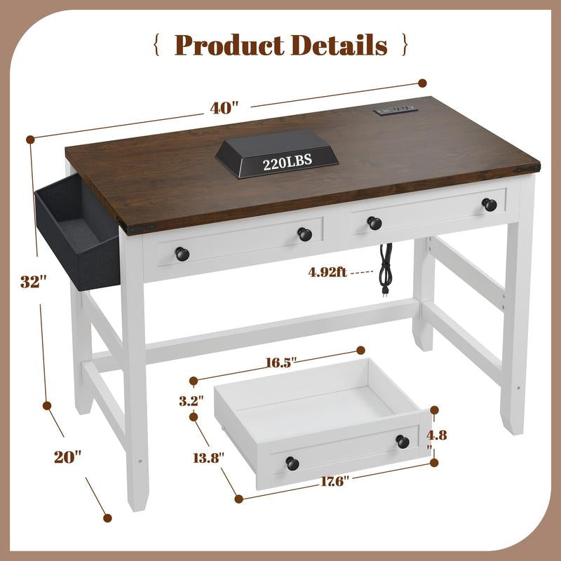 Raybeefurniture Wood Computer Desk, Small Desk with Power Outlet, Home Office Desks, Study Desks with Storage Bag for Bedroom,Home Office Gaming