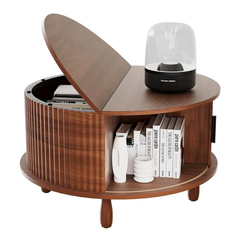 Honey Furniture Farmhouse Coffee Table with Storage,37In Wood round Center Table with Sliding Cabinet Door, for Home or Office,Brown