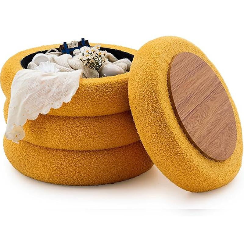 18In round Storage Ottoman, Modern Sherpa Footstool, Teddy Vanity Stool with Flip-Top Tray, Makeup Chair for Home Decor, Upholstered Footrest for Living Room & Bedroom