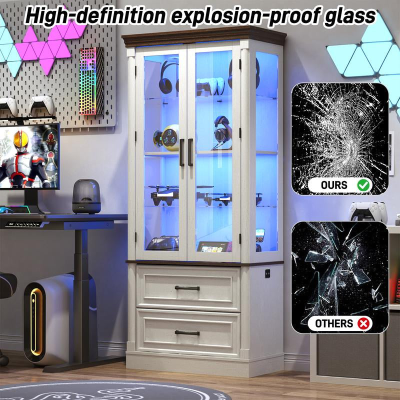 71" Tall Display Cabinet with Glass Doors, 4-Tier Lighted Curio Cabinets with 2 Storage Drawers and Metal Handle for Living Room, Home, Kitchen, White/Brown