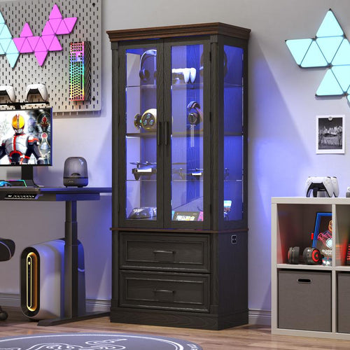 71" Tall Display Cabinet with Glass Doors, 4-Tier Lighted Curio Cabinets with 2 Storage Drawers and Metal Handle for Living Room, Home, Kitchen, White/Brown