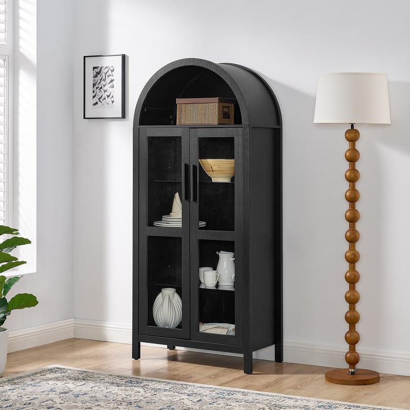 Niccae a High Arched Storage Cabinet with a Lamp, a Modern Retro-Style Wooden Storage Cabinet with Adjustable Glass Partitions, Suitable for Use as a Multi-Functional Cabinet in Kitchens-Black