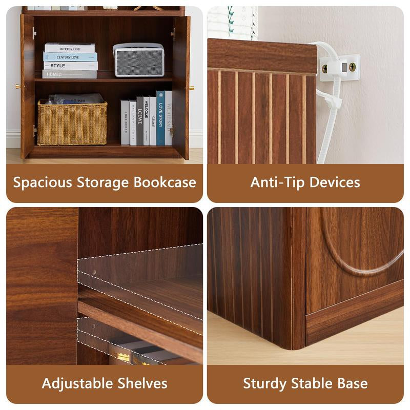 Giratree 70" Tall Bookshelf, 5 Tier Large Wood Bookcase with Doors, Modern Floor Standing Bookshelves and Bookcases, Open Display Shelves with Storage Cabinet for Living Room, Bedroom, Classroom, Office