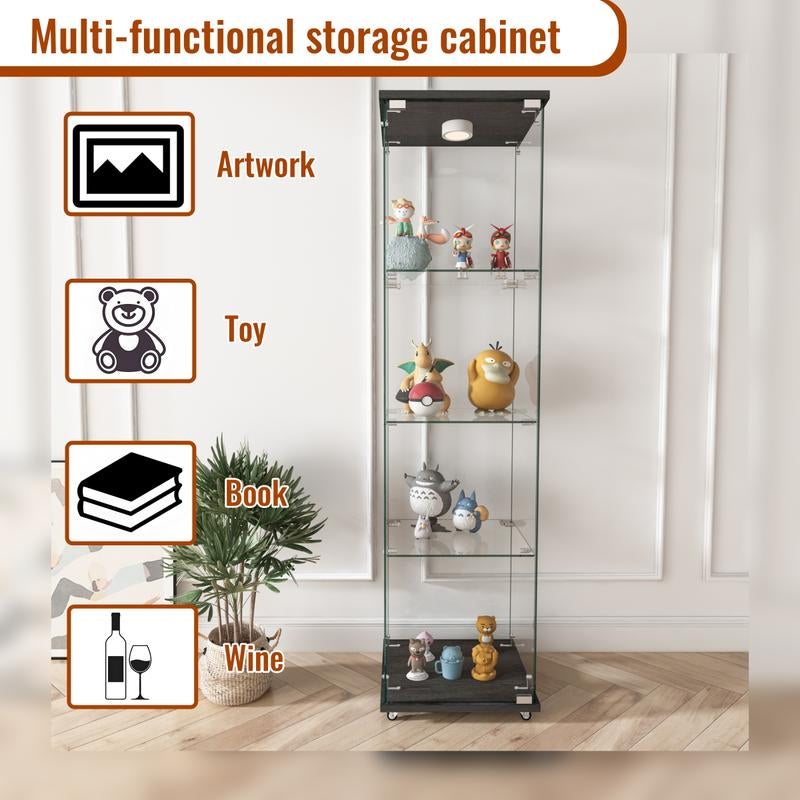Modern Glass Display Cabinet with LED Lights, Quick-Assembly Antique Cabinet, Tempered Glass Bookshelf, Suitable for Living Room and Bedrooms, 1-Door 4-Shelf, Black