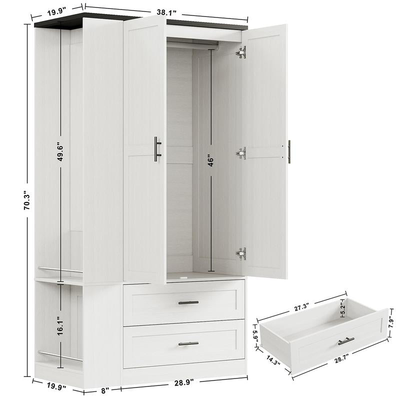 LIKIMIO Armoire Wardrobe Closet with Large Mirror, Storage Cabinet with 2 Doors and 2 Drawers, 2 Storage Shelves, 70" Wardrobe Cabinet for Bedroom