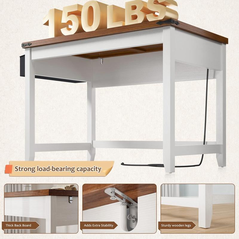 Raybeefurniture Wood Computer Desk, Small Desk with Power Outlet, Home Office Desks, Study Desks with Storage Bag for Bedroom,Home Office Gaming