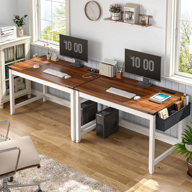 Raybeefurniture Wood Computer Desk, Small Desk with Power Outlet, Home Office Desks, Study Desks with Storage Bag for Bedroom,Home Office Gaming