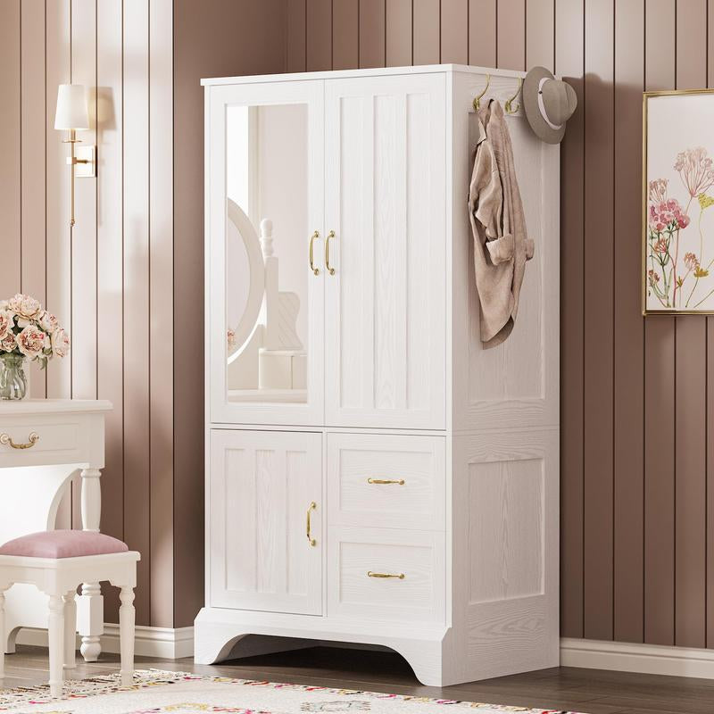 LIKIMIO Armoire Wardrobe Closet with Large Mirror, Storage Cabinet with 2 Doors and 2 Drawers, 2 Storage Shelves, 70" Wardrobe Cabinet for Bedroom