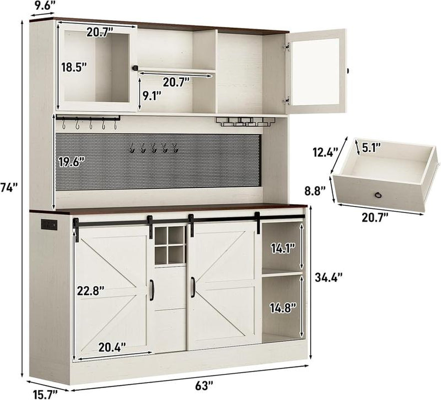 74" Farmhouse Kitchen Pantry Storage Cabinet with LED Light & Charging Station, 63" W Coffee Bar Cabinet Kitchen Cupboard with Hutch and Sliding Barn Doors, Pegboard