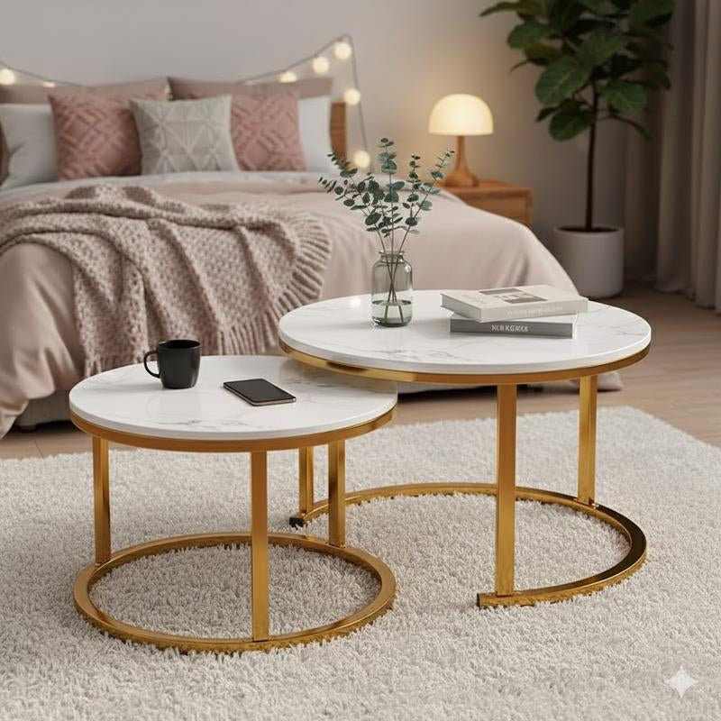 Holiday Special Nesting Coffee Tables Set of 2 Marble-Look round Tables Space-Saving Durable MDF & Metal Construction Easy Assembly for Living Room or Bedroom