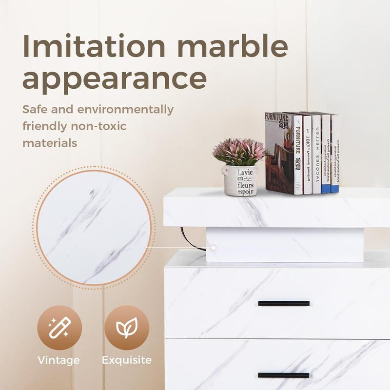 PHI VILLA LED Charging Station with 20 Color RGB Lights, Imitation Marble Texture, Remote Control, 2 Drawer Nightstands for Home Organization Luxury Bedroom Furniture Storage Cabinets