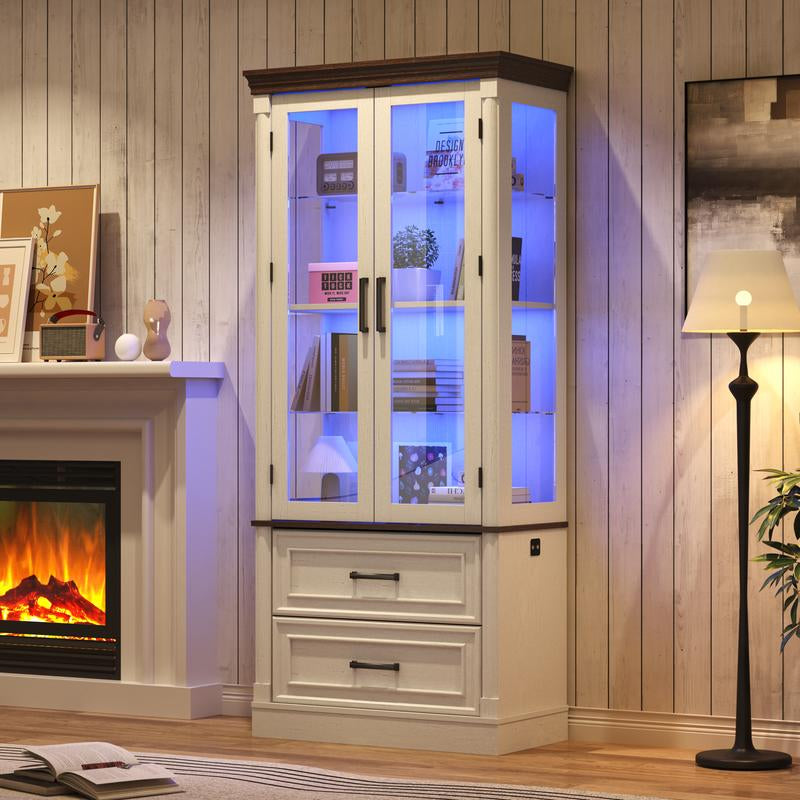 71" Tall Display Cabinet with Glass Doors, 4-Tier Lighted Curio Cabinets with 2 Storage Drawers and Metal Handle for Living Room, Home, Kitchen, White/Brown