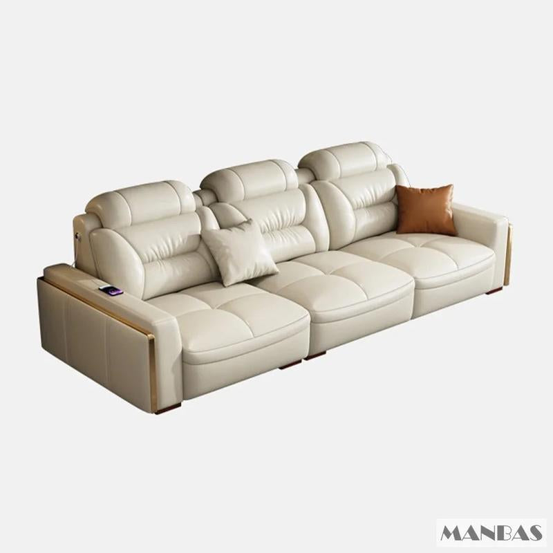 MANBAS Premium Italian Genuine Leather Sectional Sofa Set – Modern Living Room Couch with Adjustable Headrests, USB Charging Ports & Built-In Bluetooth Speaker