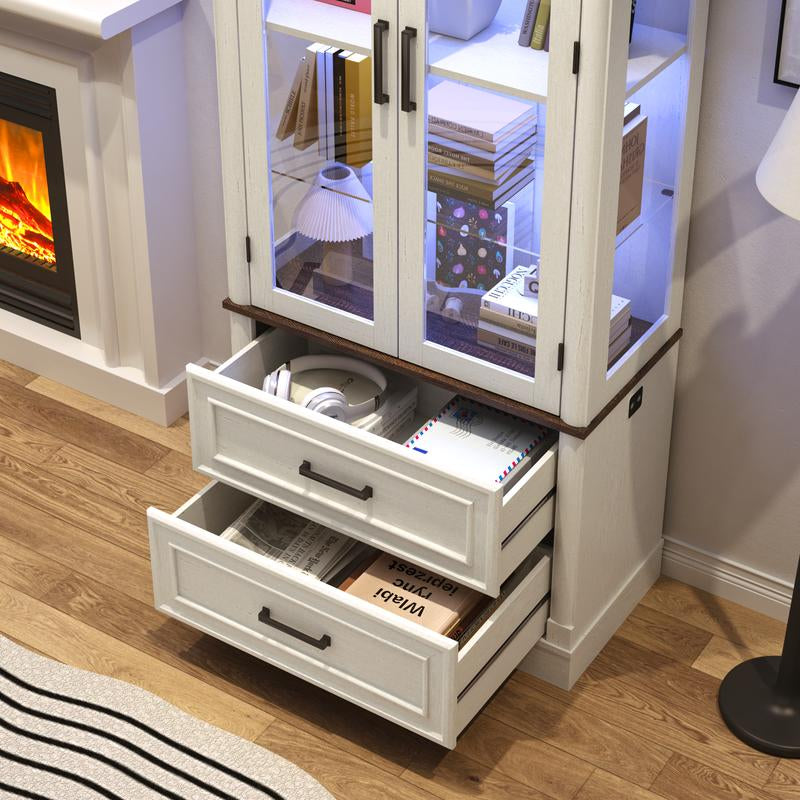 71" Tall Display Cabinet with Glass Doors, 4-Tier Lighted Curio Cabinets with 2 Storage Drawers and Metal Handle for Living Room, Home, Kitchen, White/Brown