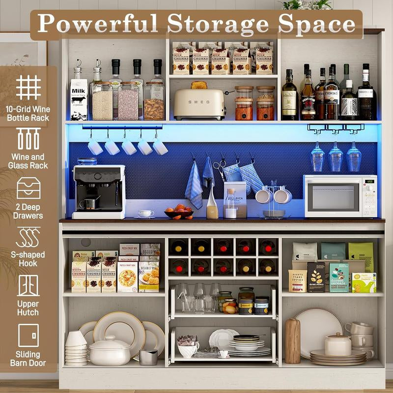74" Farmhouse Kitchen Pantry Storage Cabinet with LED Light & Charging Station, 63" W Coffee Bar Cabinet Kitchen Cupboard with Hutch and Sliding Barn Doors, Pegboard