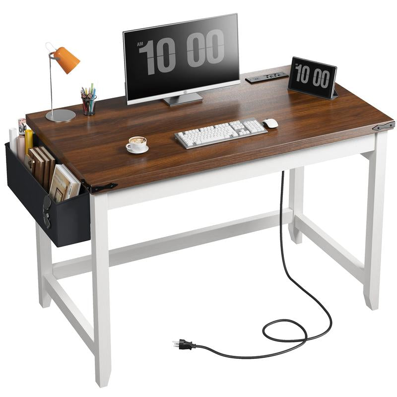 Raybeefurniture Wood Computer Desk, Small Desk with Power Outlet, Home Office Desks, Study Desks with Storage Bag for Bedroom,Home Office Gaming