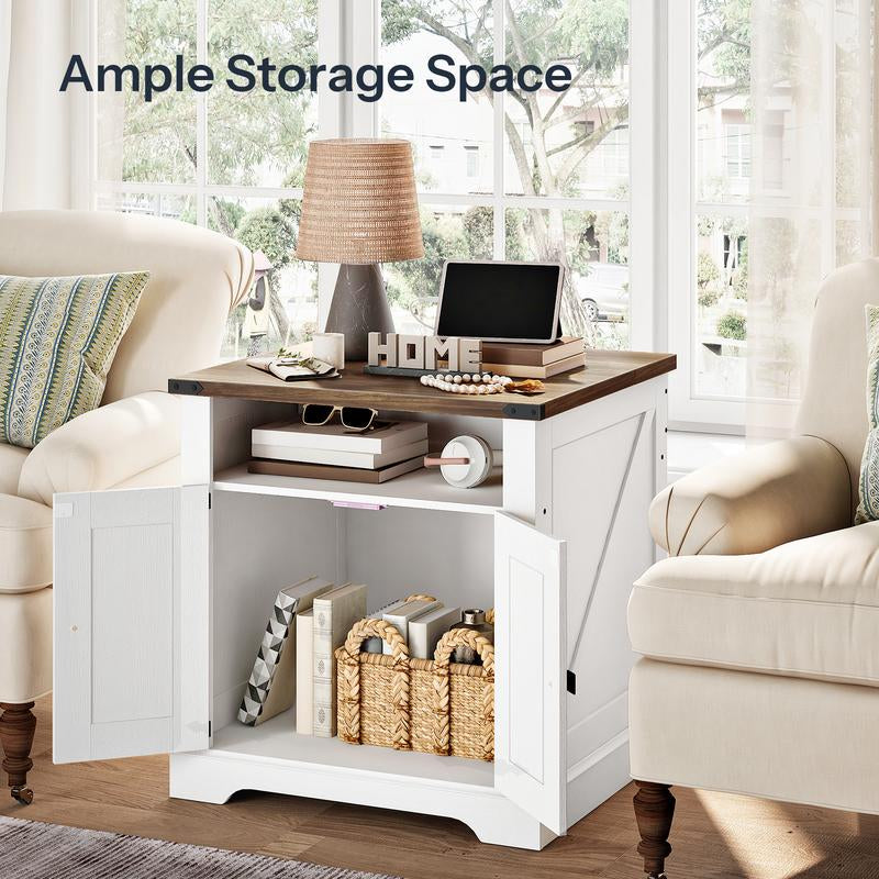 HOOBRO Farmhouse End Table with Charging Station, 23.6" Large End Tables for Living Room, Sofa Side Table with Barn Door, Wooden Square Nightstand Bedside Table, Flip Top, White and Walnut